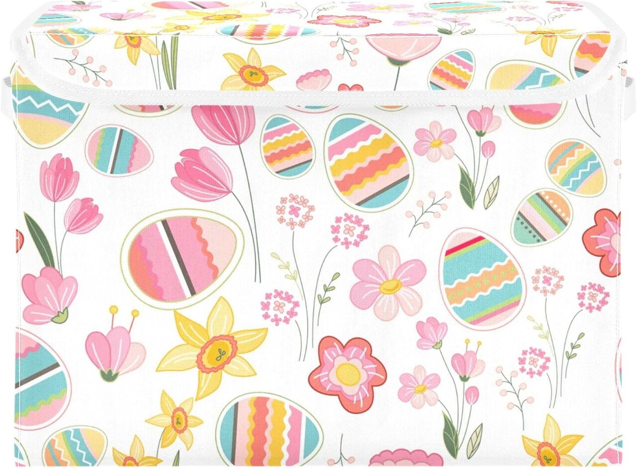 Easter Flower Eggs Storage Bins with Lids and Carrying Handle,Foldable Storage Boxes Organizer Containers Baskets Cube with Cover for Home Bedroom Closet Office Nursery